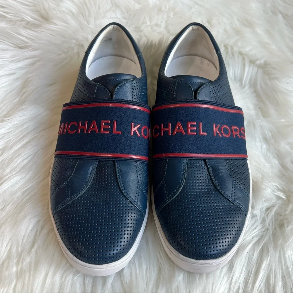 Michael Kors men’s size 7.5 navy dark blue and red leather slip on loafers